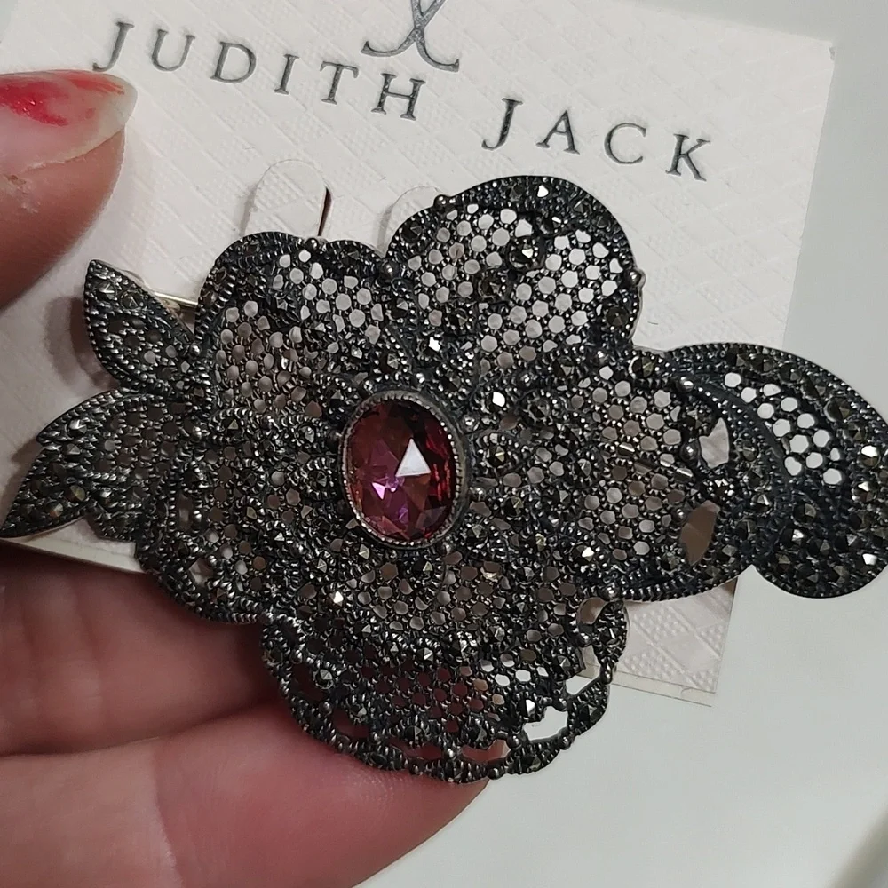 Judith Jack Marcasite Pink Gem Sterling Silver Brooch Pin!